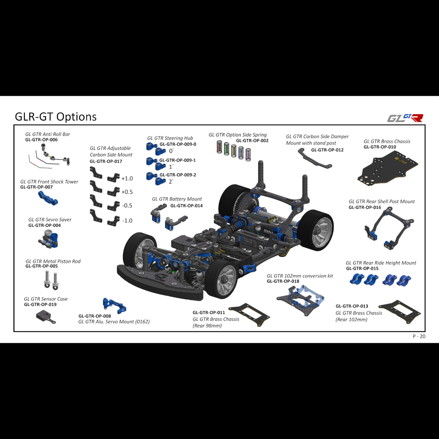 Close-up of GL Racing GL-GTR 1/27 RWD chassis options, showing various parts and configurations for the model car.