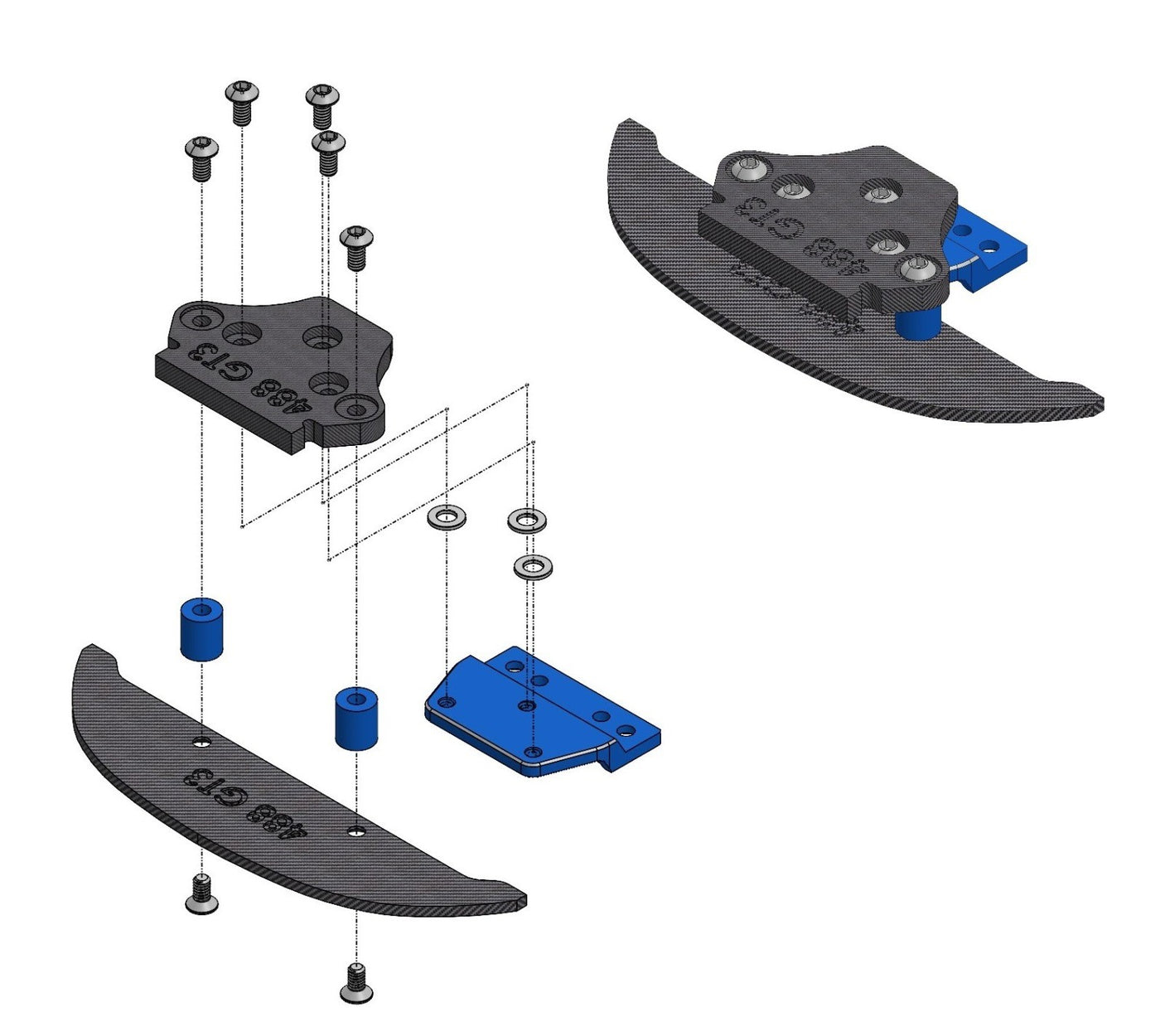 Guide image showing assembly of the GL Racing GL Carbon bumper set for Ferrari 488 GT3 race car.