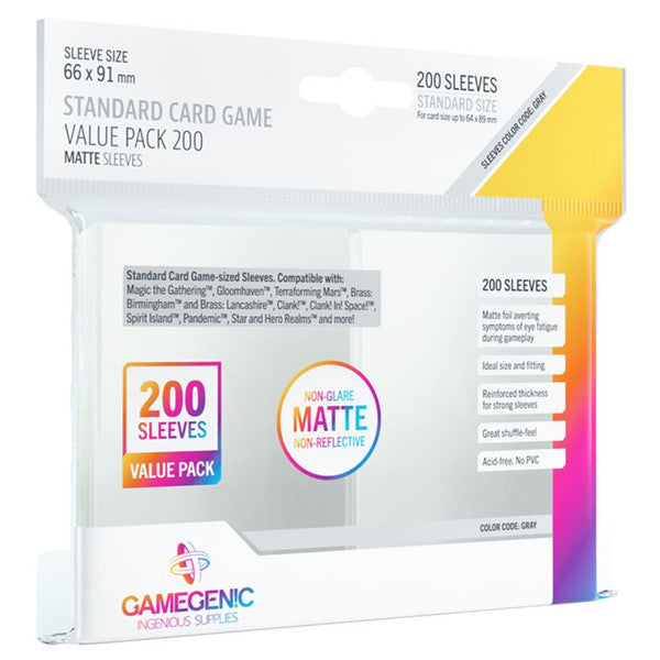Gamegenic matte standard TCG sleeves in a pack of 200, designed to protect cards in a clear, durable sleeve with a smooth finish.