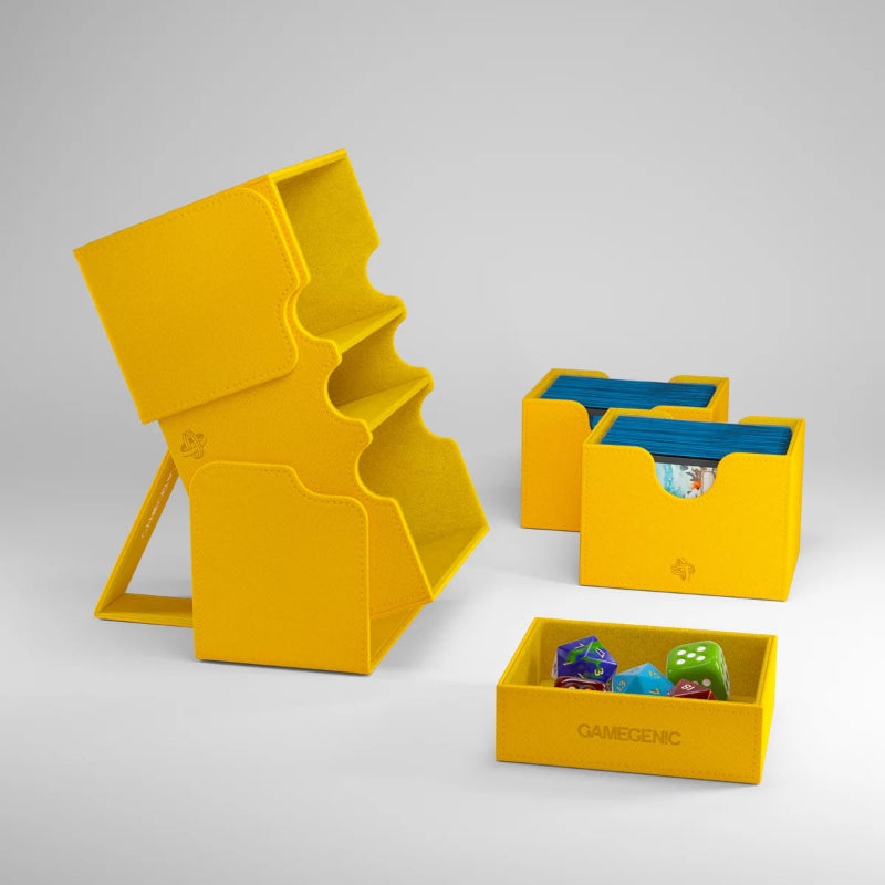 Gamegenic Stronghold 200+ XL convertible card storage box in yellow, featuring durable design and adjustable compartments.
