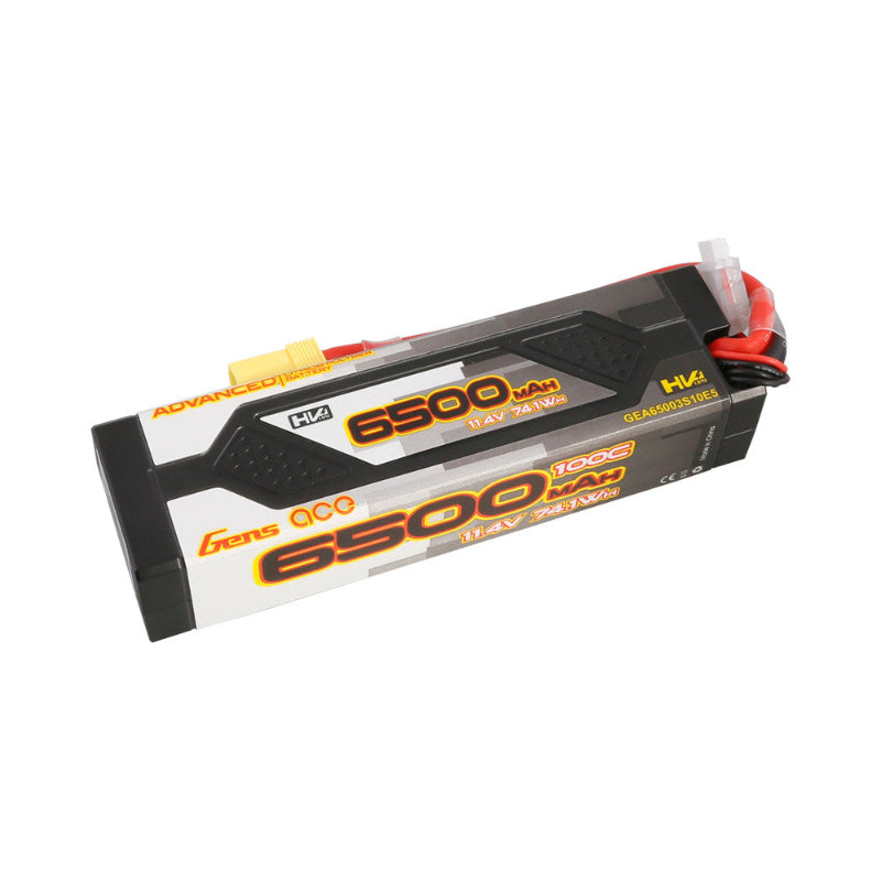 Gens Ace 6500mAh 3S 100C hard case LiPo battery with EC5 connector, showing the battery's size and labeling.