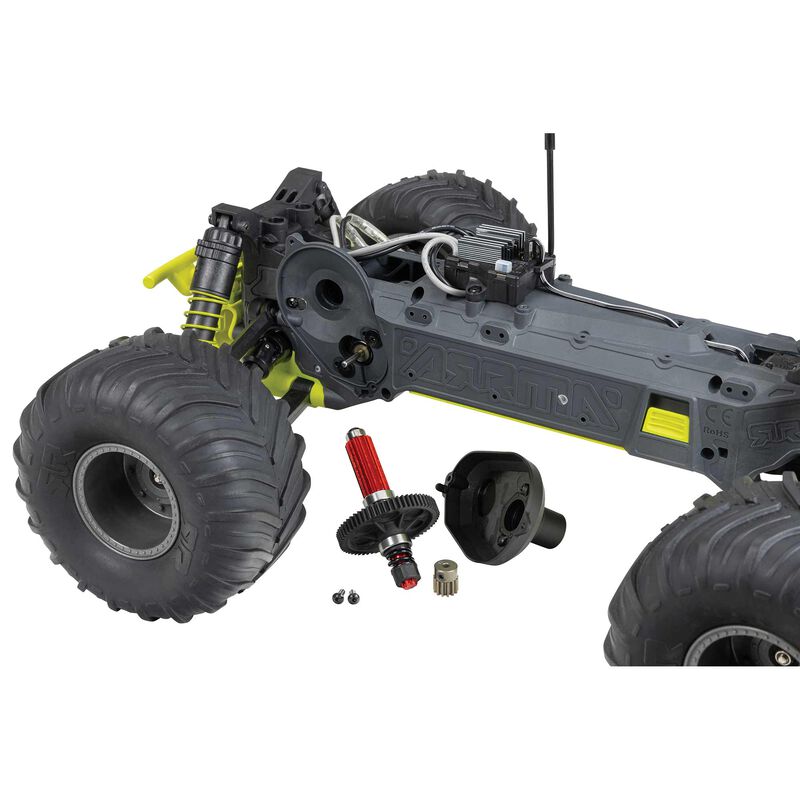 ARRMA 1/10 Gorgon 2WD brushed monster truck showing off its rugged design and large tires on a dirt track.