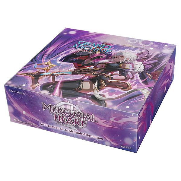 Grand Archive TCG Mercurial Heart Alter Edition booster box by Weebs of the Shore, featuring colorful card art and packaging.
