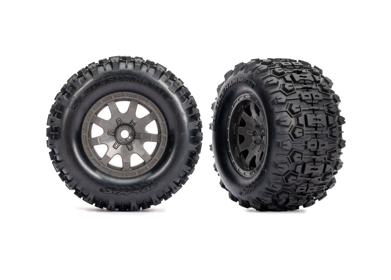 Gray Traxxas Mini Maxx/XRT 4-inch front wheels for RC trucks, showing detailed tread and wheel design.