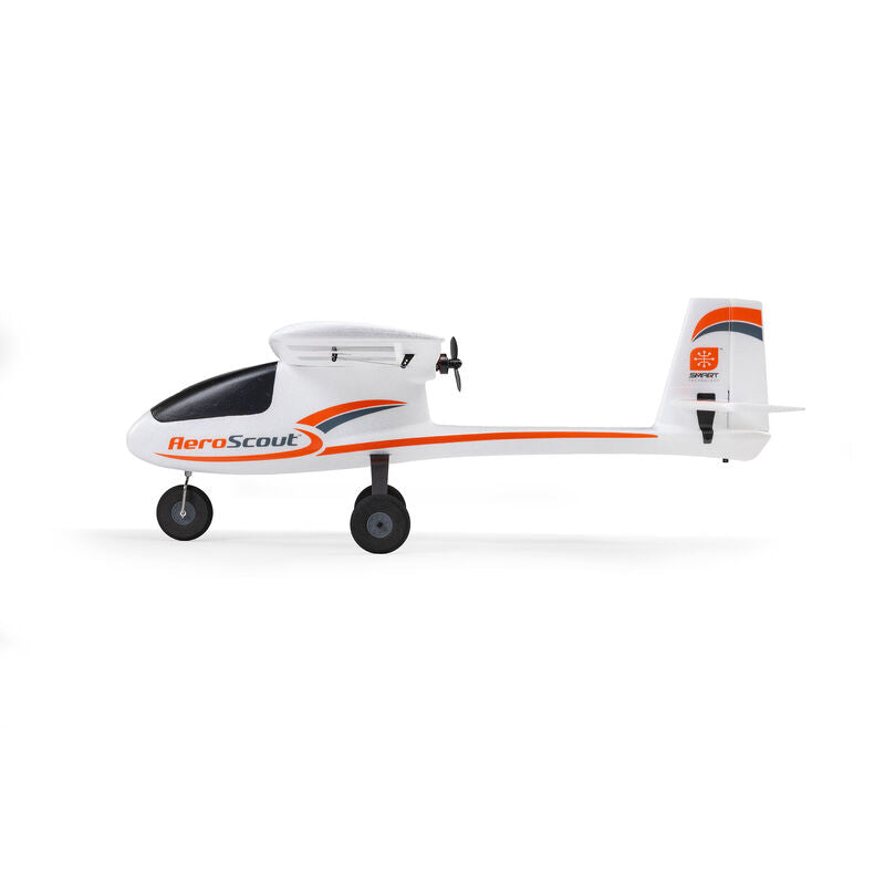 HobbyZone AeroScout S 2 1.1m RTF remote control airplane with SAFE technology and RealFlight simulator, ready-to-fly model.