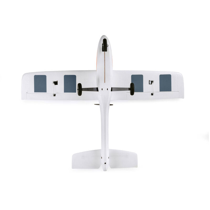 HobbyZone AeroScout S 2 1.1m RC airplane with SAFE technology, ready-to-fly, shown in flight with wings and body visible.