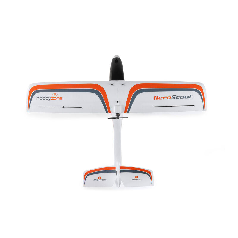 HobbyZone AeroScout S 2 1.1m RTF drone with SAFE technology and RealFlight controller, shown in flight with clear sky background.