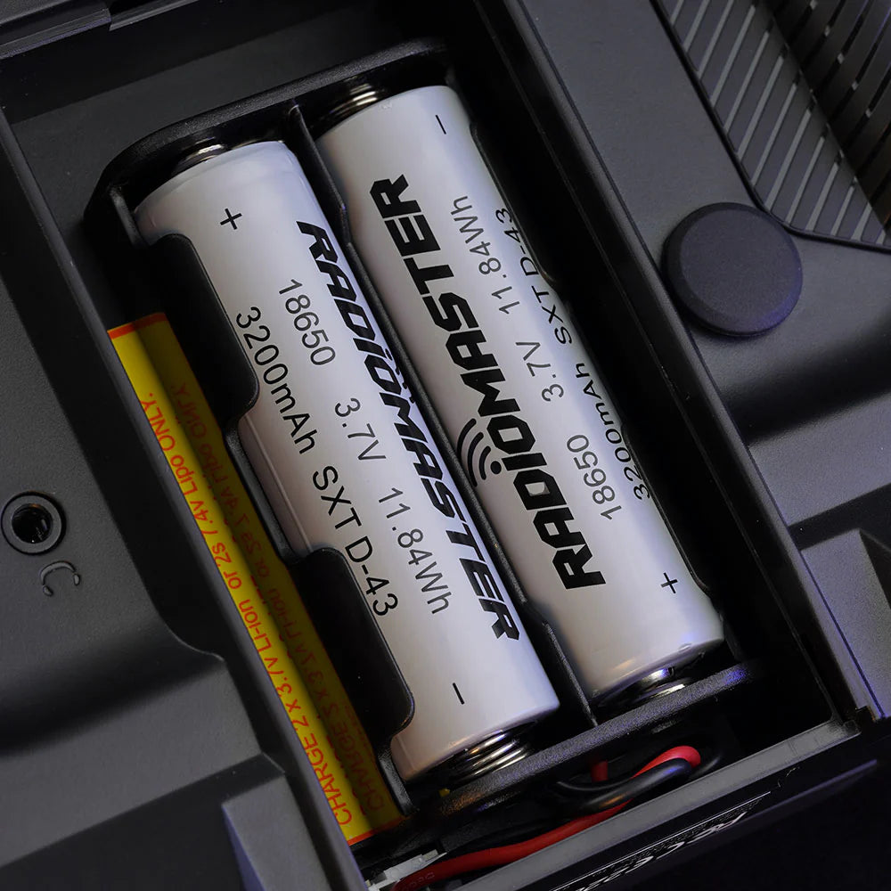 RadioMaster 18650 3200mAh 3.7V Li-ion batteries, a pair of rechargeable power cells with black wrapping and metal terminals
