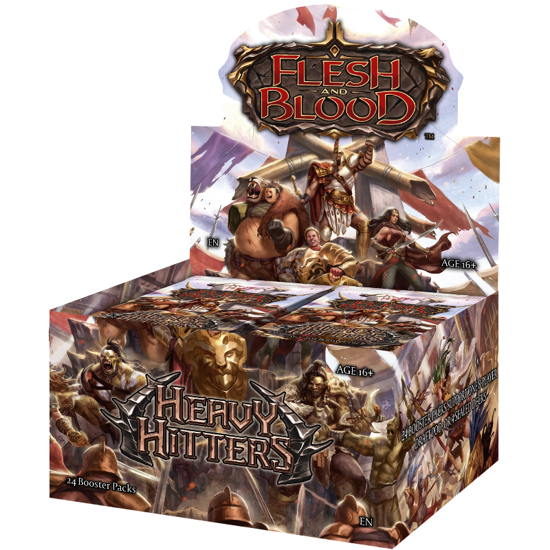 Legends Story Studios Flesh and Blood Heavy Hitters booster box of collectible trading cards with vibrant artwork.
