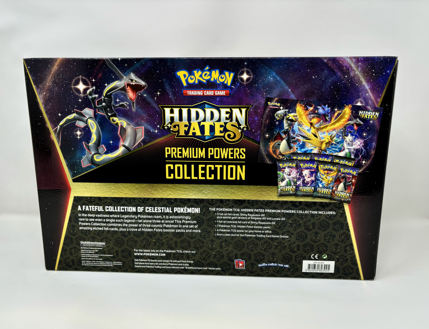 Pokémon TCG Hidden Fates Premium Powers Collection box featuring Pokémon cards and packaging with Pikachu and legendary Pokémon artwork.