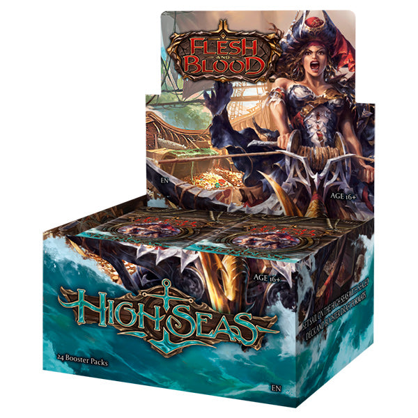 Collectible Flesh and Blood High Seas Booster Box by Legends Story Studios, featuring vibrant trading card packaging.