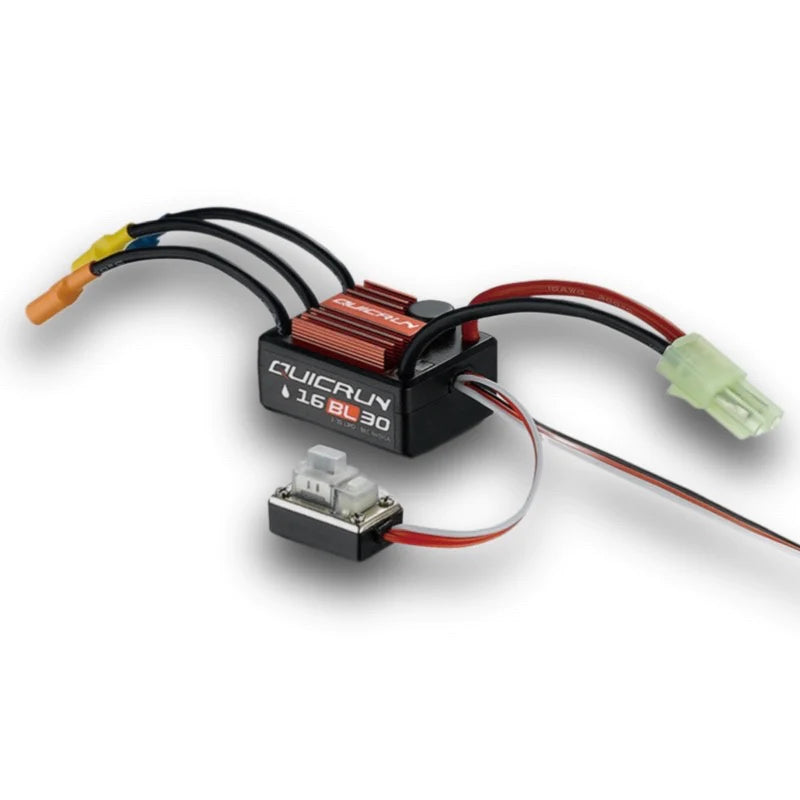 Hobbywing QUICRUN 16BL30 brushless ESC for RC cars, shown in the image with electronic components and wiring.