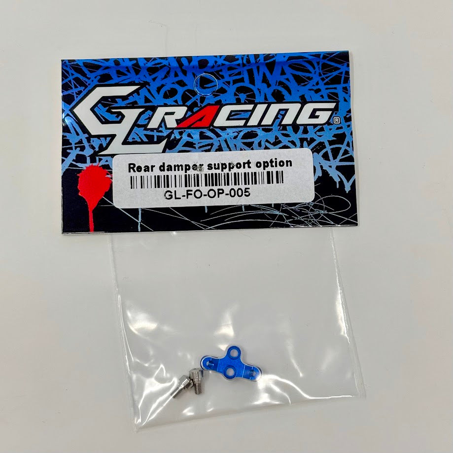 GL Racing aluminum rear damper support for Formula One cars, showing the lightweight, durable metal component with mounting points.