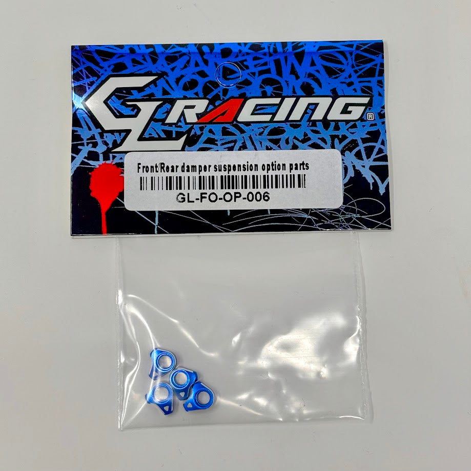 GL Racing aluminum F1 damper suspension showing front and rear dampers with detailed metal components and mounting points.