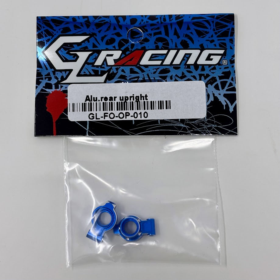 GL Racing Formula One aluminum rear upright part with detailed mounting points and sleek metallic finish.