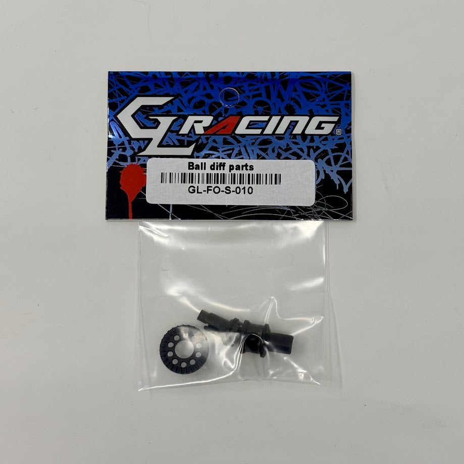 Close-up of GL Racing Formula One ball diff parts, showing detailed components and assembly for F1 RC car upgrades.