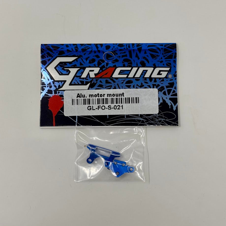 GL Racing GL Formula One aluminum motor mount showing sleek silver design and precise mounting holes for engine installation.