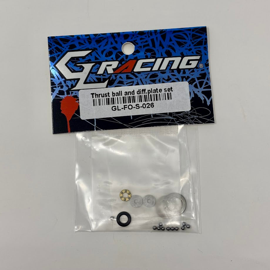 GL Racing Formula One Thrust Ball and Diff Plate Set showing metal components and precise engineering details on a white background.