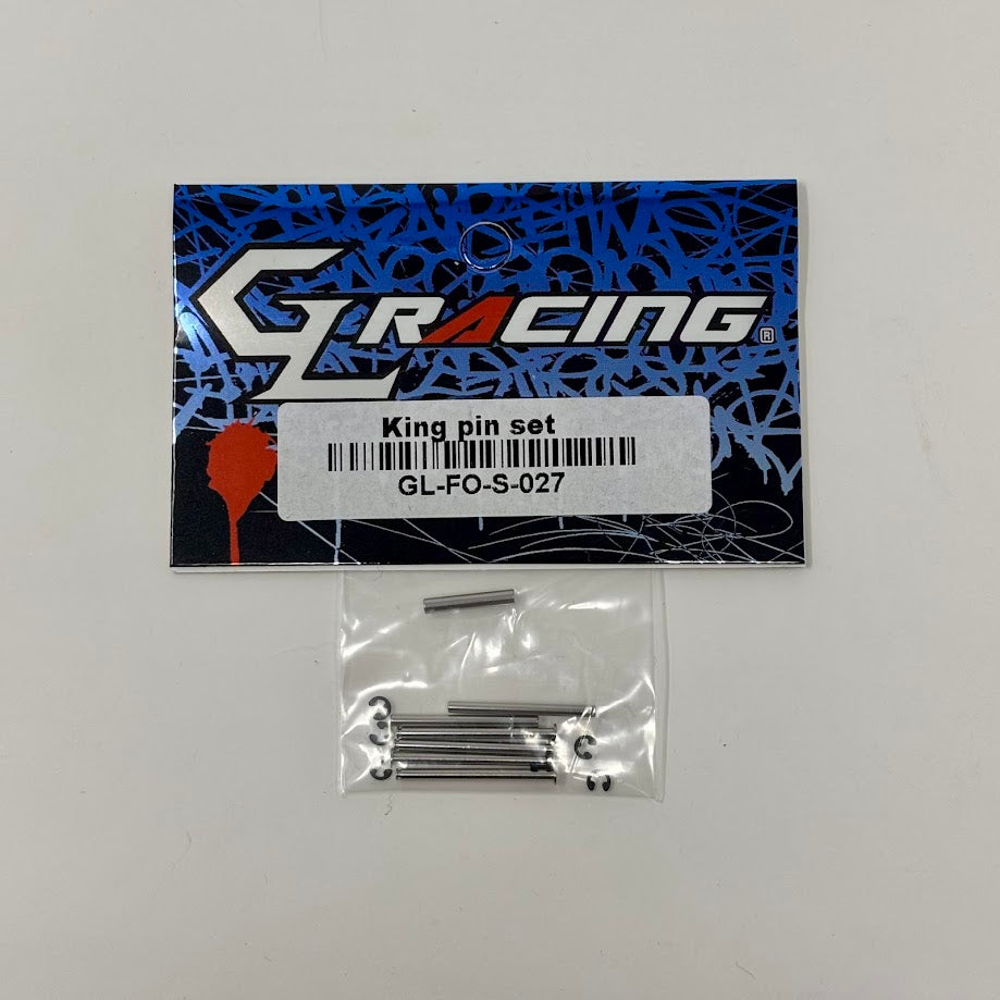 GL Racing Formula One King Pin Set showing detailed metal components and precise assembly for racing vehicle steering.