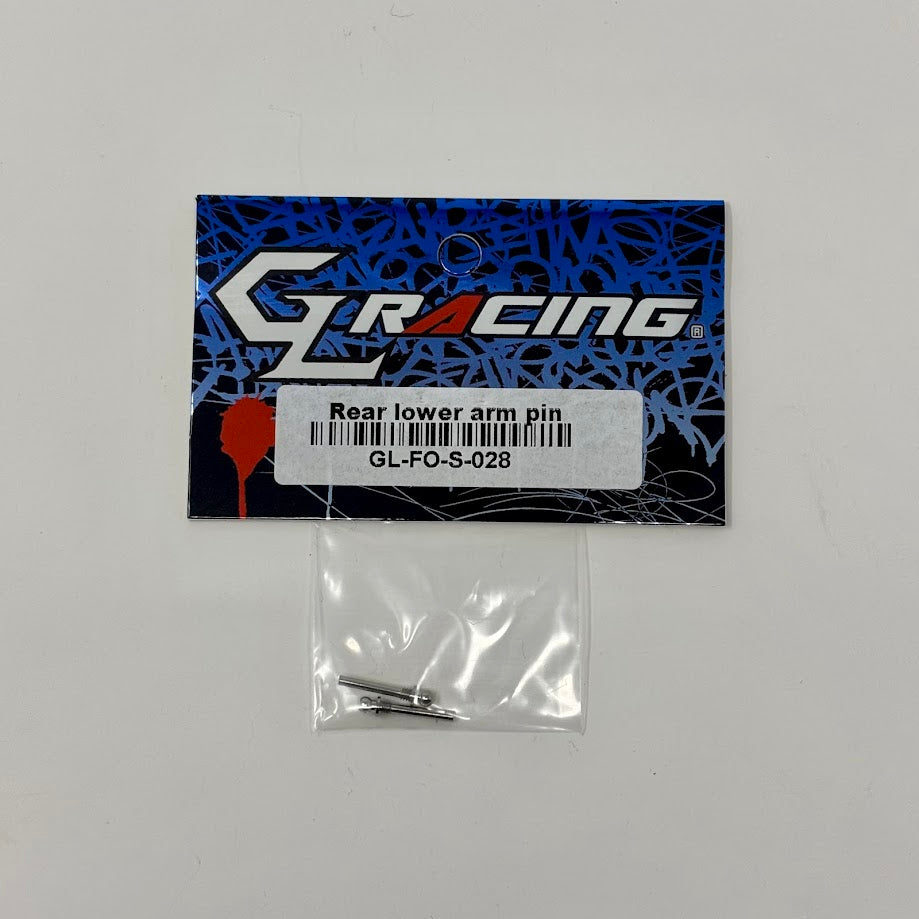GL Racing Formula One rear lower arm pin, close-up of metallic automotive suspension component with detailed branding and engineering marks.