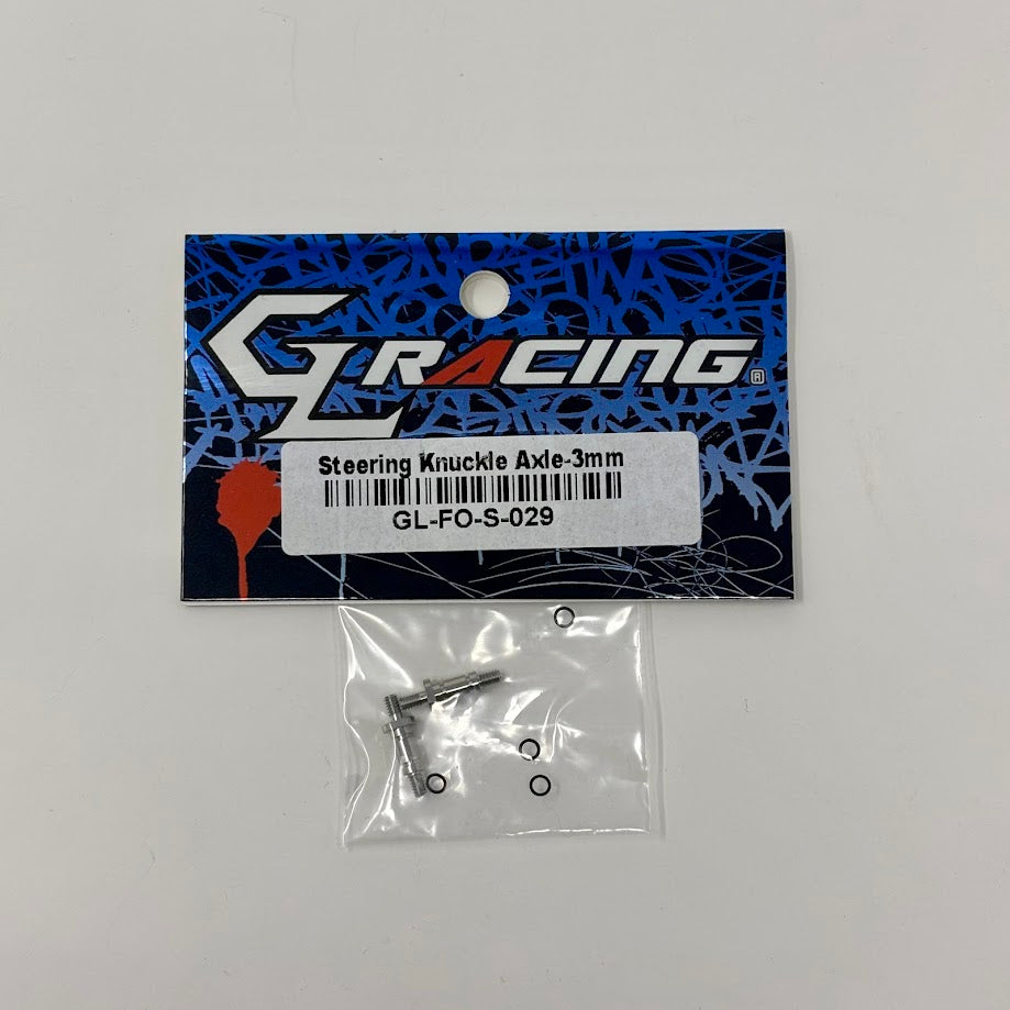 GL Racing Formula One 3mm steering knuckle axle, metal component with detailed machining, used in high-performance racing RC cars