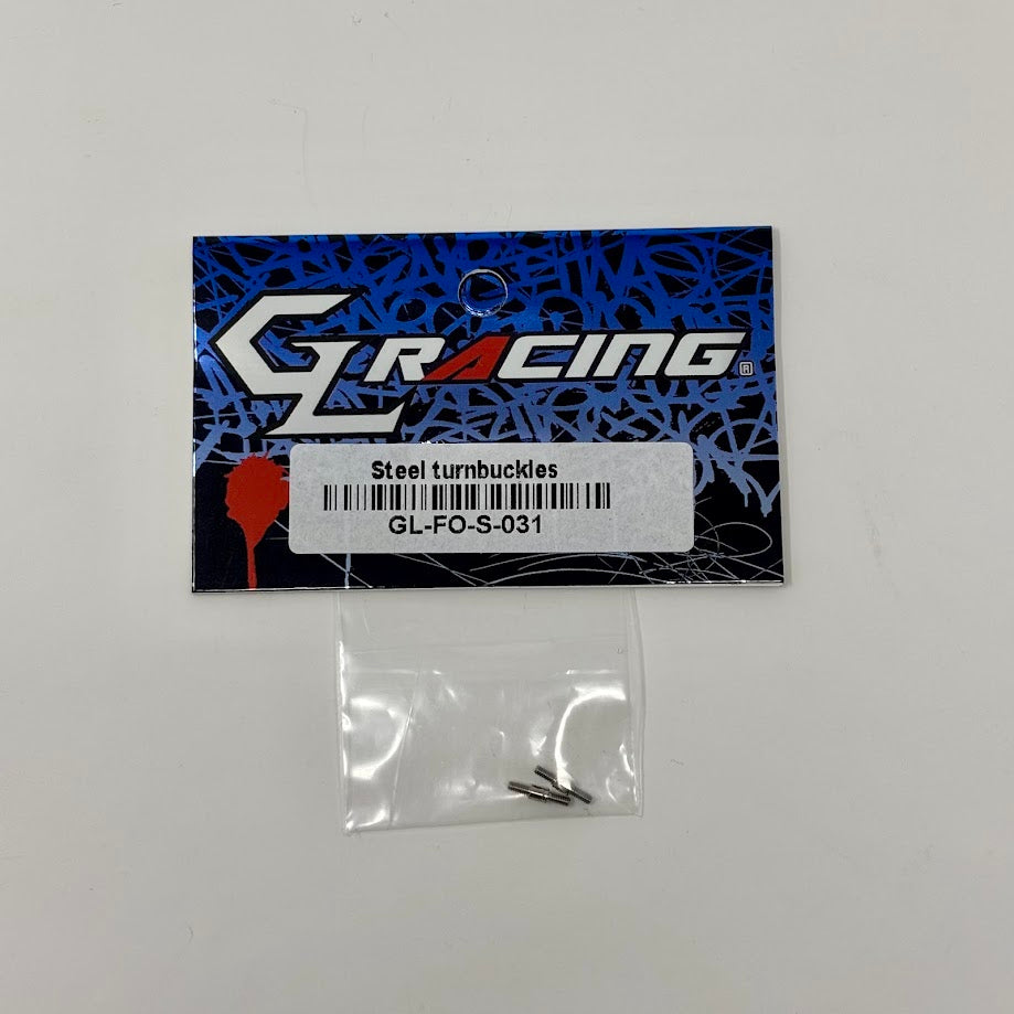 Steel turnbuckles for GL Racing Formula One car, featuring sturdy construction and precise adjustment screws.