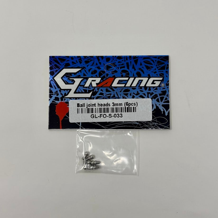 Set of six GL Racing GL Formula One 3mm ball joint heads for model car assembly, shown in black with detailed construction.