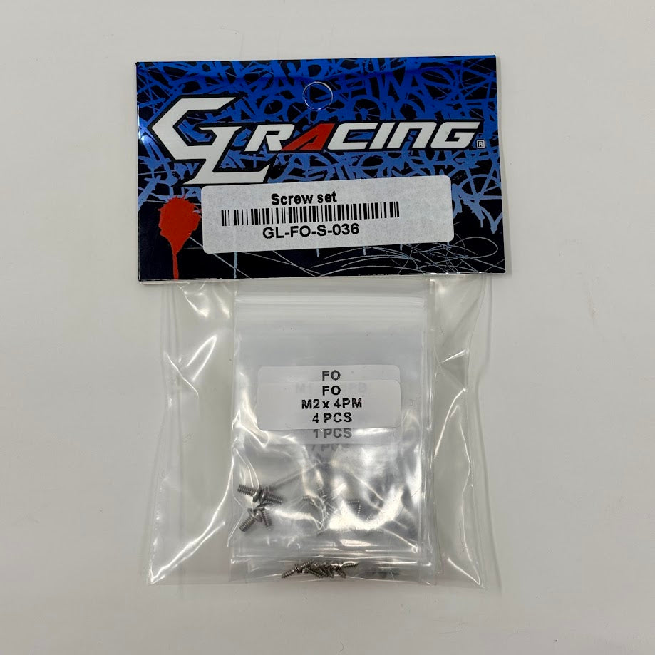 Set of GL Racing Formula One screws with metallic finish, displayed on a white background, designed for high-performance race car assembly.