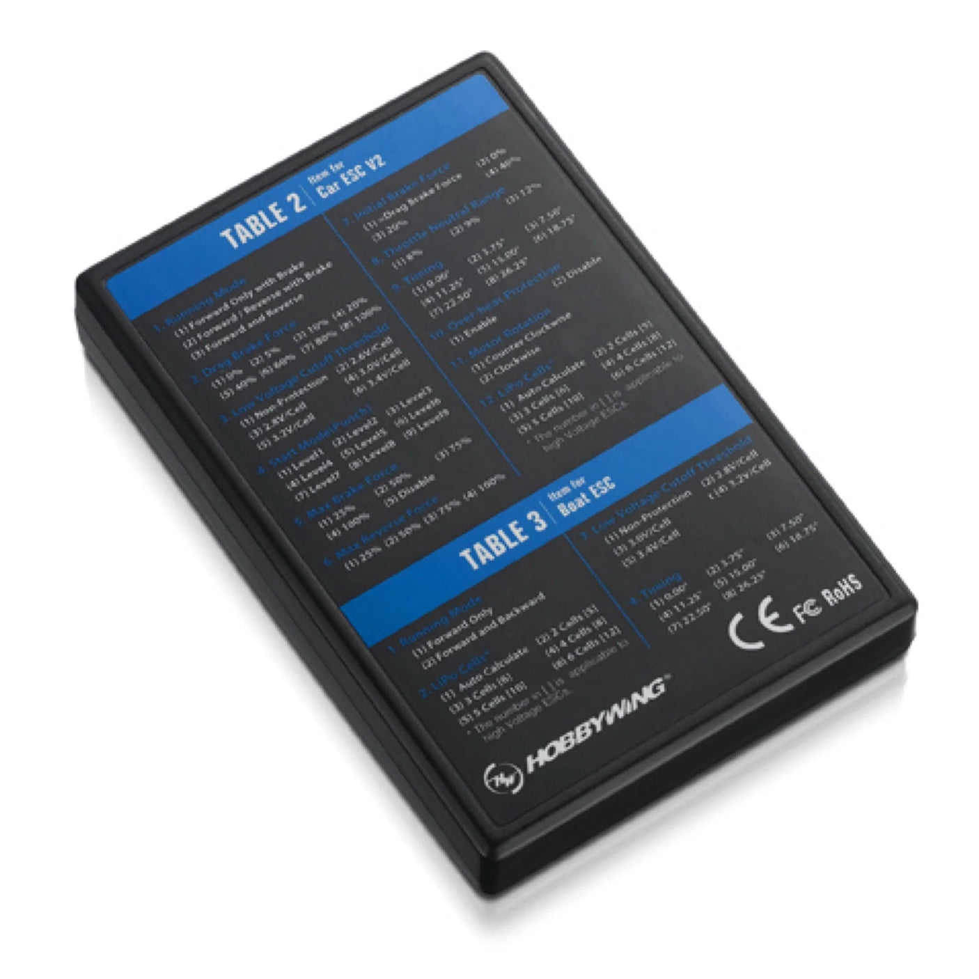 Hobbywing LED Program Card for RC car controllers, featuring a compact device with LED indicators and connection ports.