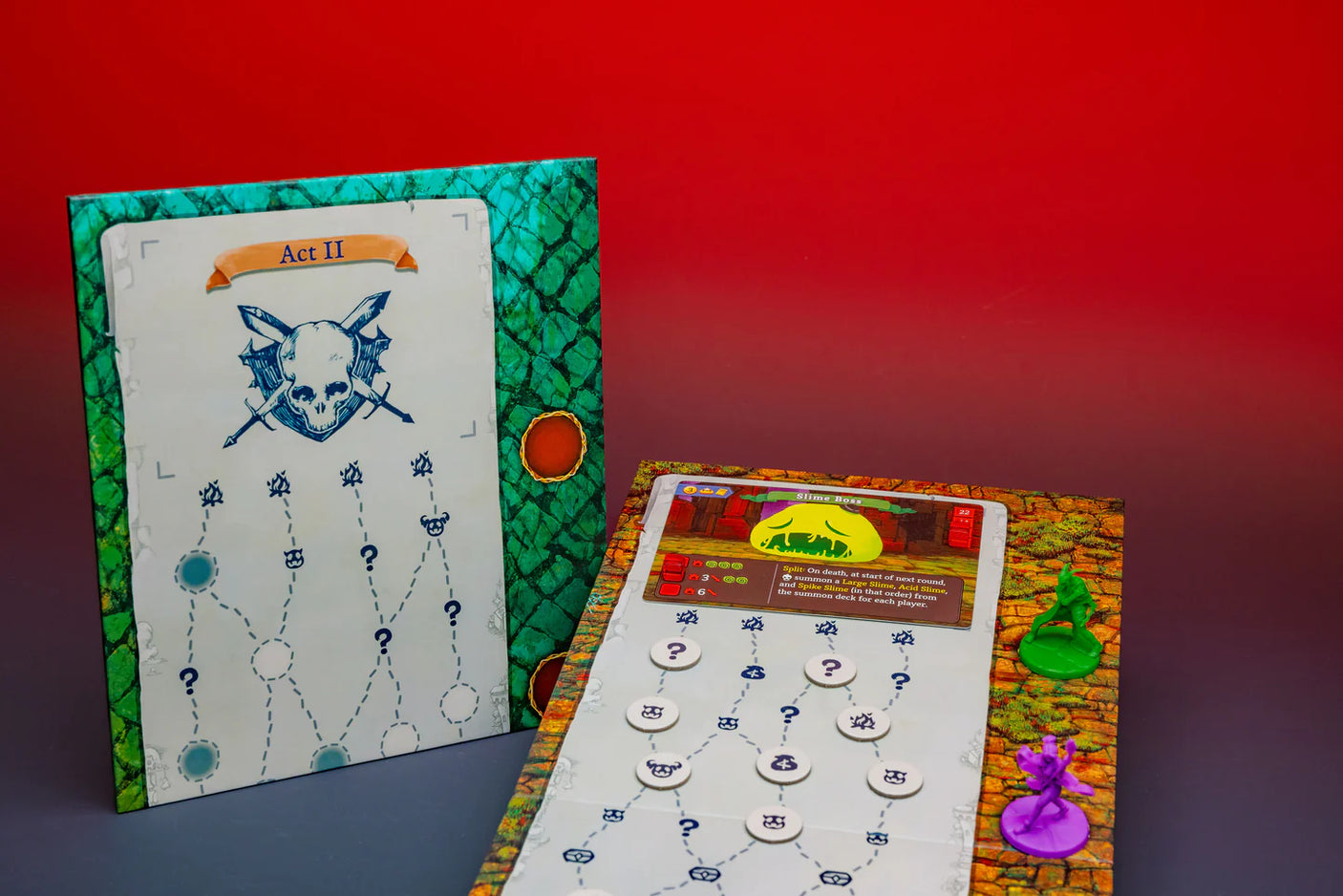 Contention Games Slay the Spire board game box with artwork and game components on a table.