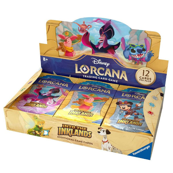 Lorcana TCG Into the Inklands Booster Box showing colorful card packaging with fantasy-themed artwork.