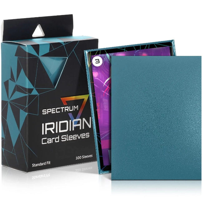 Pack of 100 BCW Iridian Matte Standard Sleeves in petrol color, made for protecting trading cards and collectibles.