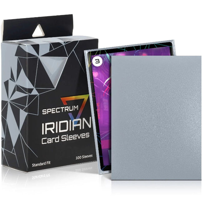 Pack of 100 BCW Iridian Matte Standard Sleeves in silver, showing smooth matte finish and clear plastic material for card protection.