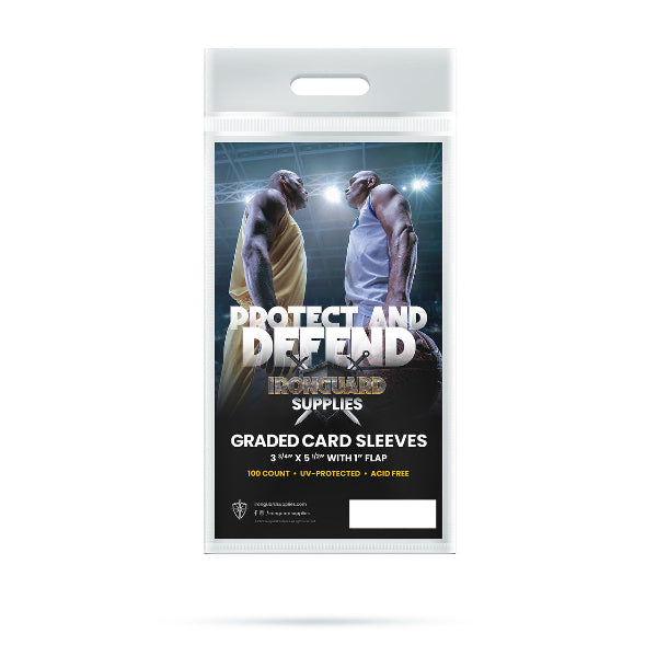Ironguard graded card sleeves shown, clear protective plastic sleeves designed for safeguarding collectible trading cards.
