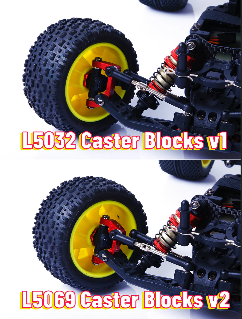 LC Racing L5069 Aluminum Caster Blocks V2 for RC cars, showing the silver caster block with mounting holes and precision-machined surface.