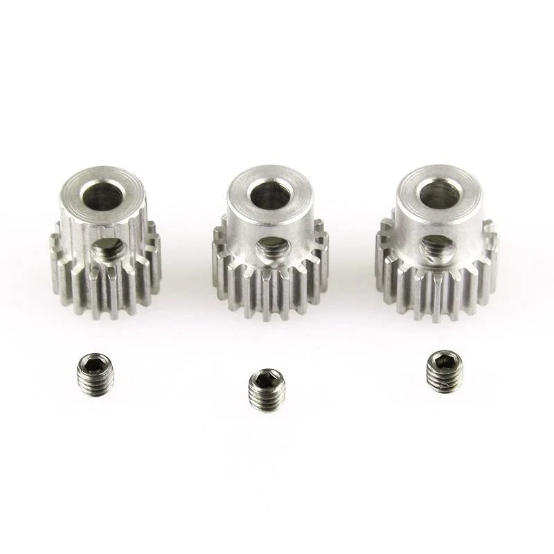 LC Racing L6032 0.5 mod motor pinion set with 17T, 18T, 19T gears for 3.175mm shaft, shown in the image.