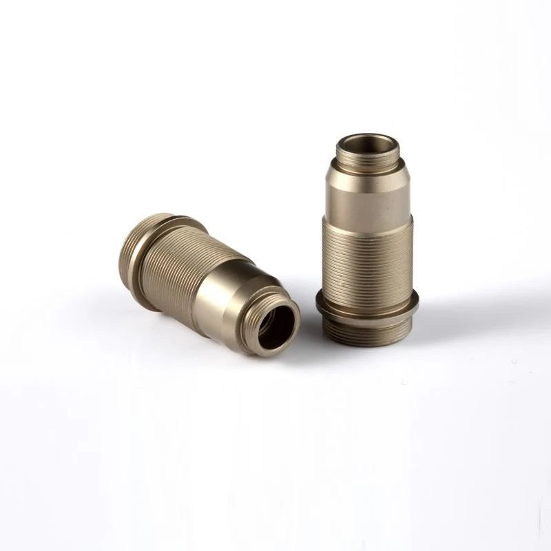 LC Racing L6110 rear shock bodies for RC cars, showing black, cylindrical shock components with mounting points on a white background.