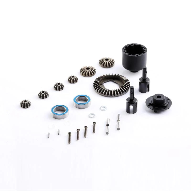 LC Racing L6140 2+4 gear differential set showing metal gears and components for RC car drivetrain repair or upgrade.