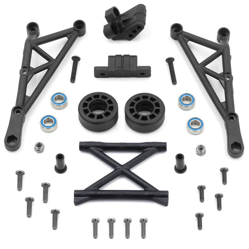 LC Racing L6270 EMB wheelie bar for RC cars, shown in black with mounting brackets and adjustable supports.