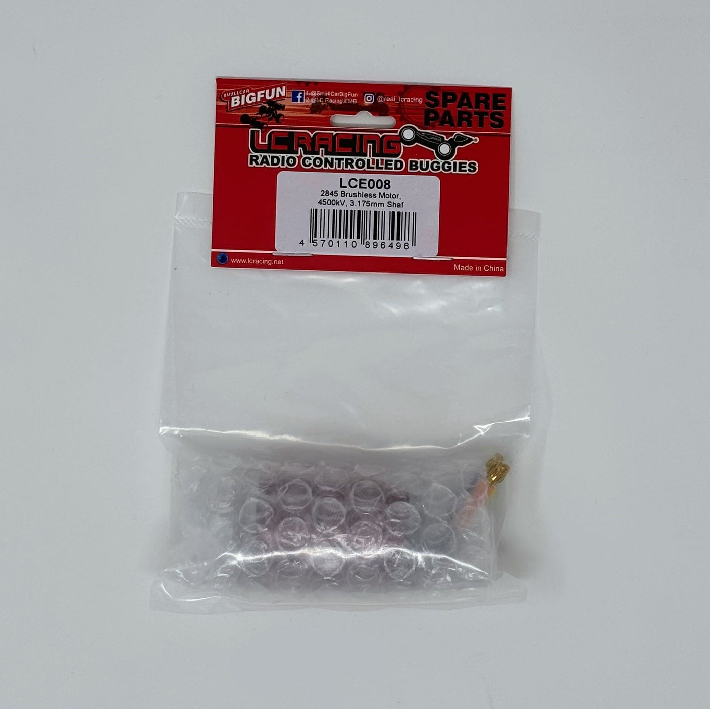 LC Racing LCE008 2845 4500kV brushless motor with 3.175mm shaft for RC cars, shown in the image.