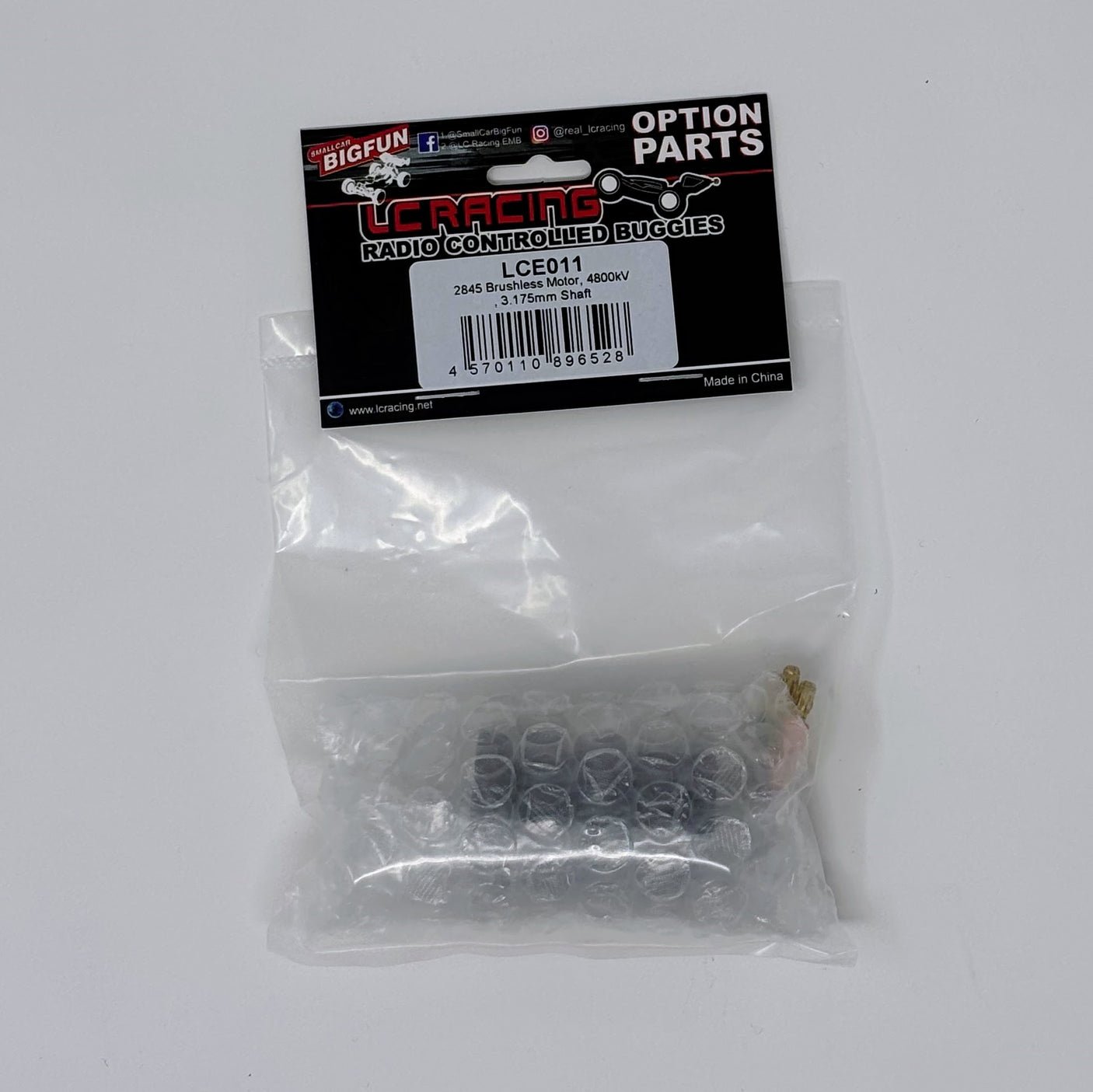LC Racing LCE011 2845 4800kV brushless motor with 3.175mm shaft, shown in the image with detailed cooling fins and wiring.