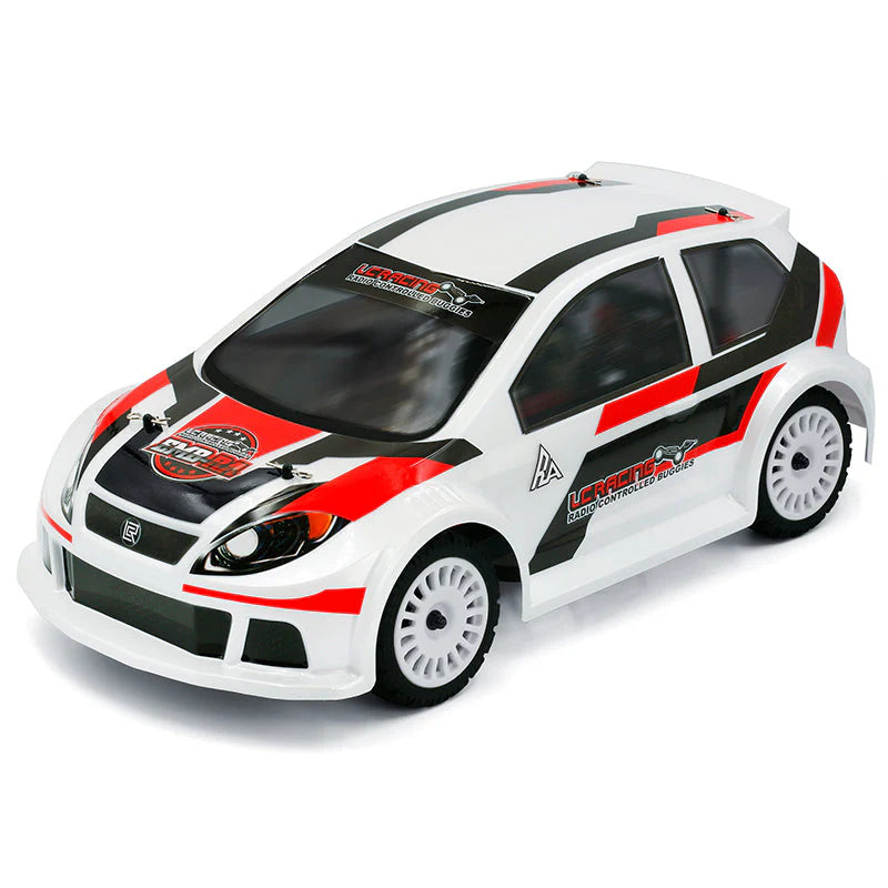 LC Racing L6263 EMB-RA rally polycarbonate body in white, designed for remote control rally cars, with aerodynamic shape and clear windows.