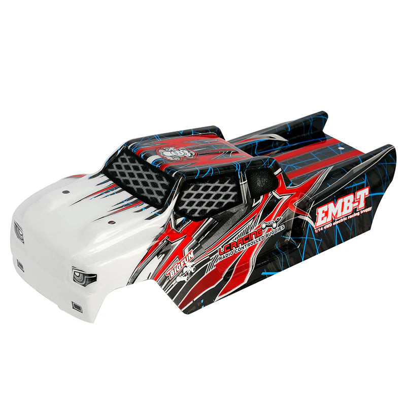 Painted LC Racing L6243 1/14 EMB-TG Lexan Truggy Body showing detailed design and vibrant colors on a racing truggy.