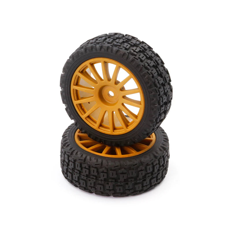 LC Racing L6265 25mm 14-spoke rally tires set in gold with 12mm hex for RC cars, featuring detailed tread pattern and sidewall design.