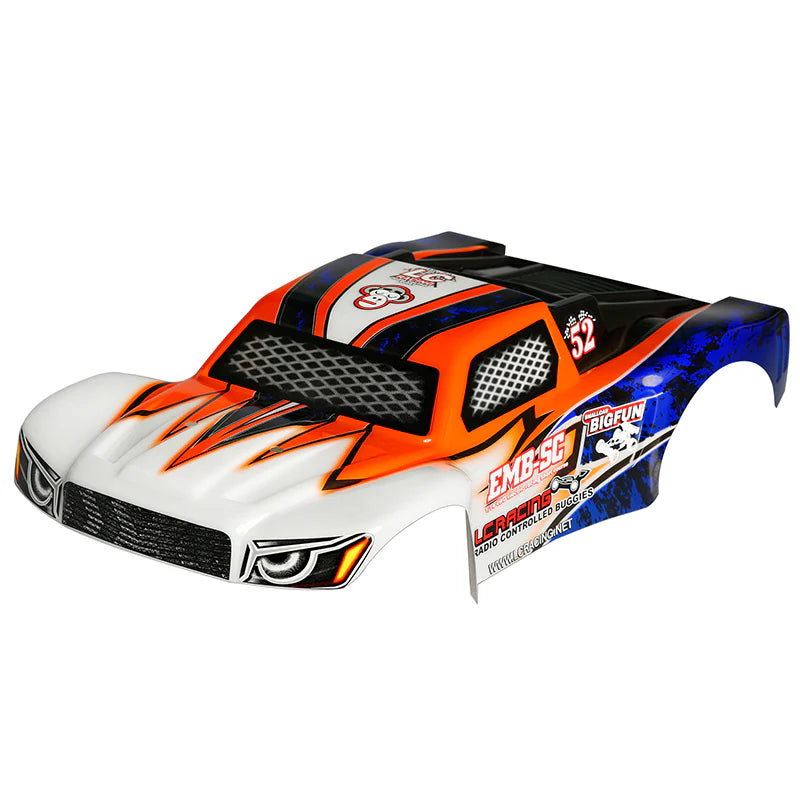 Pre-painted LC Racing 1/14 scale polycarbonate short course truck body with aerodynamic design and detailed graphics.
