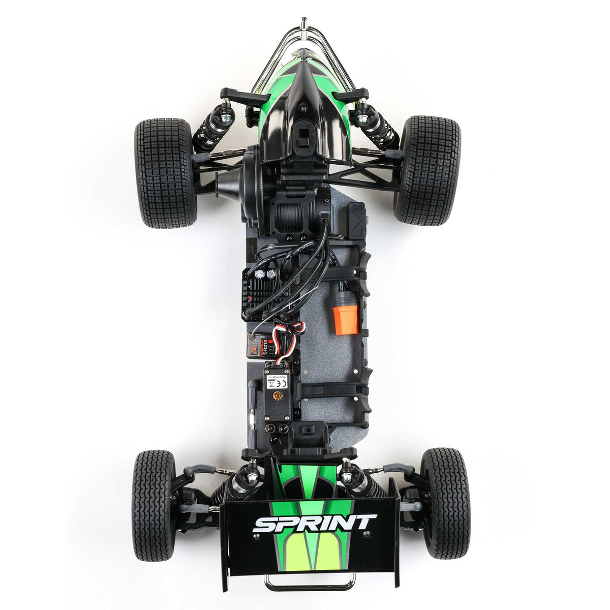 Losi 1/10 scale 22S Sprint 2WD RTR RC car with sleek design and detailed body in action on a track.