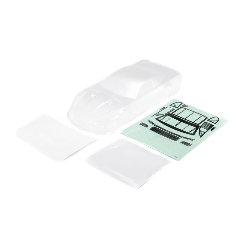 Clear Chevy asphalt late model body for Losi RC cars, featuring detailed design and aerodynamic shape for racing performance.