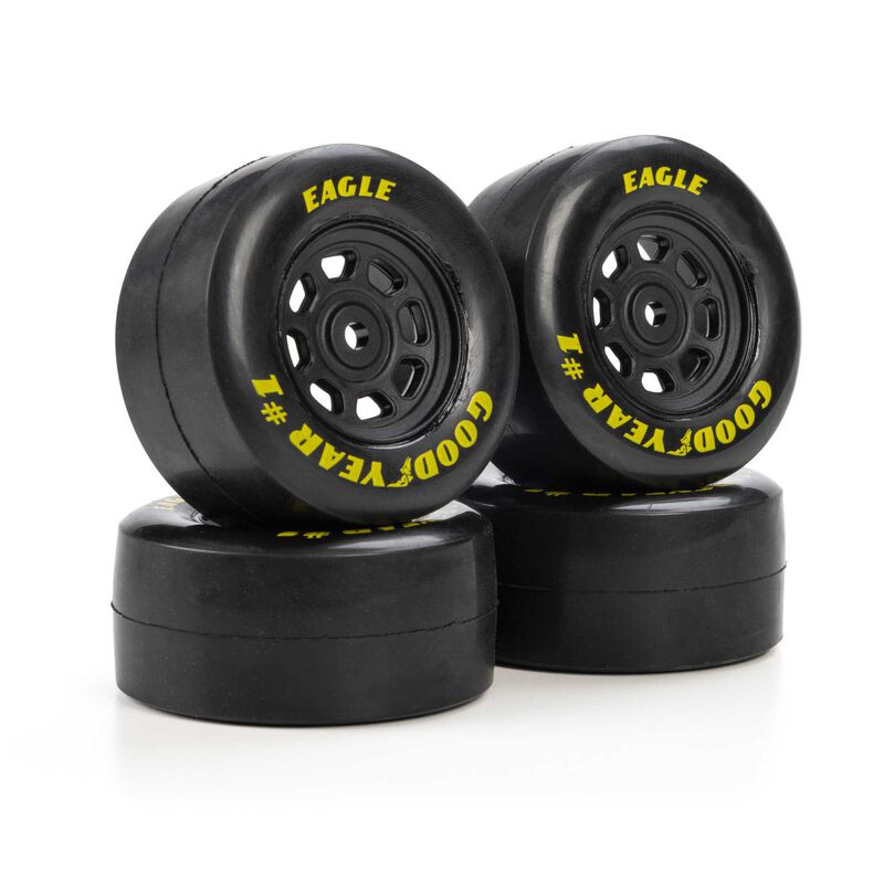 Set of four Losi Goodyear Eagle Gen4 NASCAR GROM stock tires showing tread pattern and sidewall details.