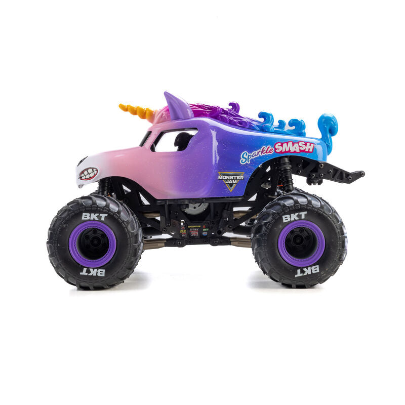 Losi 1/18 Mini LMT Sparkle Smash 2S 4x4 brushed monster truck with colorful sparkle design and rugged tires.