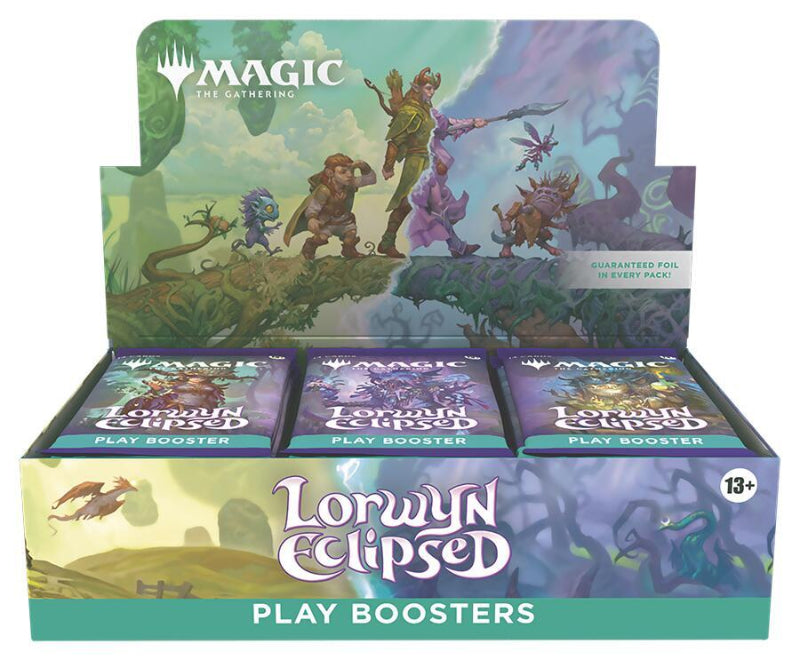 Lorwyn Eclipsed Play Booster box for Magic: The Gathering by Wizards of the Coast, featuring colorful card artwork.